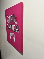 Girl Gamer Framed Canvas Print Pink White Black Modern Game Room Art