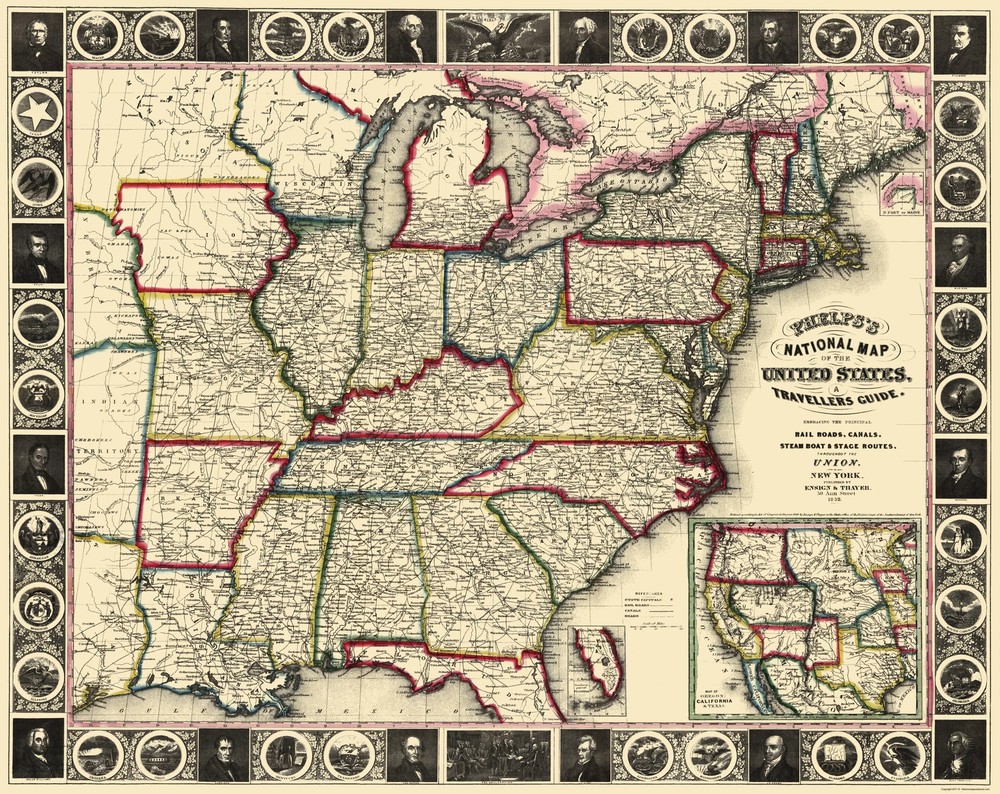 Historic State Map – United States Eastern Travellers Guide – Phelps 1852