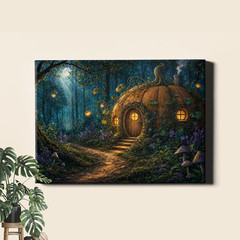 Pumpkin Cottage Forest Path Enchanted Framed Canvas Wall Art 18x12inch