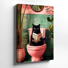 Wall Art Black Cat on Pink Toilet Reading Newspaper Tropical Bathroom Print