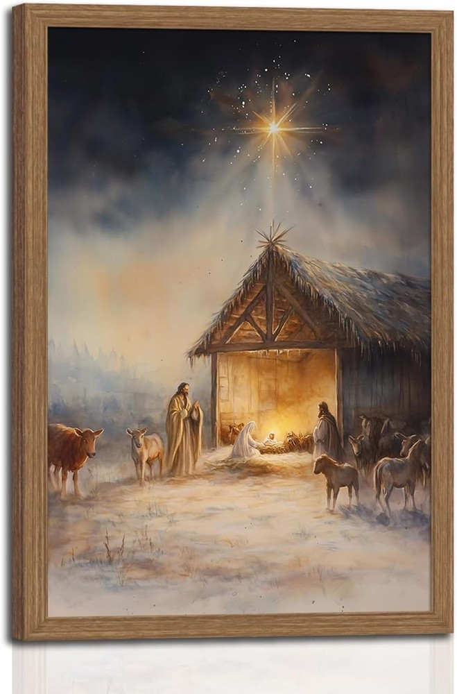 Framed Vintage Nativity Scene Wall Art Birth of Jesus Christmas Christian Pai…