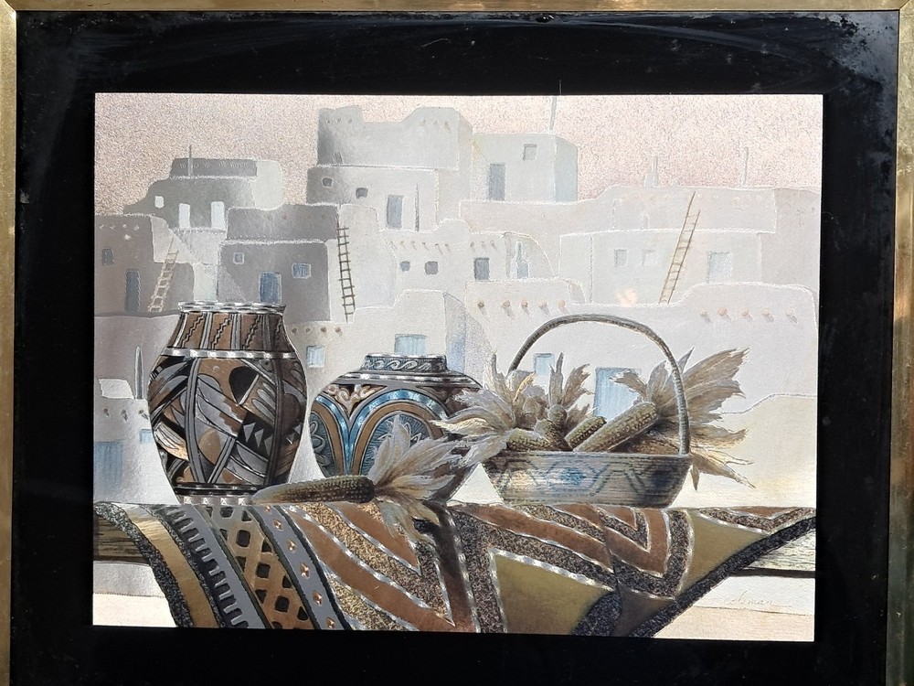 Southwest Style Framed Print Foil Art Adobe Houses Indian Pottery by T Coleman