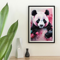 Panda – Pink – White &Black- Animal- Cute- Digital Wall Art Poster Decor