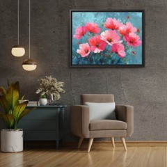 Bold Pink Floral Painting on Dark Teal Canvas, Dramatic Wildflower Botanical Art