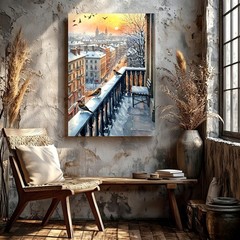 Wall Art Winter City Street Oil Painting Snowy Town Reflection Landscape Decor