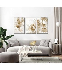 3 Pcs Modern White Floral Golden Leaves Canvas Wall Art Neutral Boho 12”x16” Ea