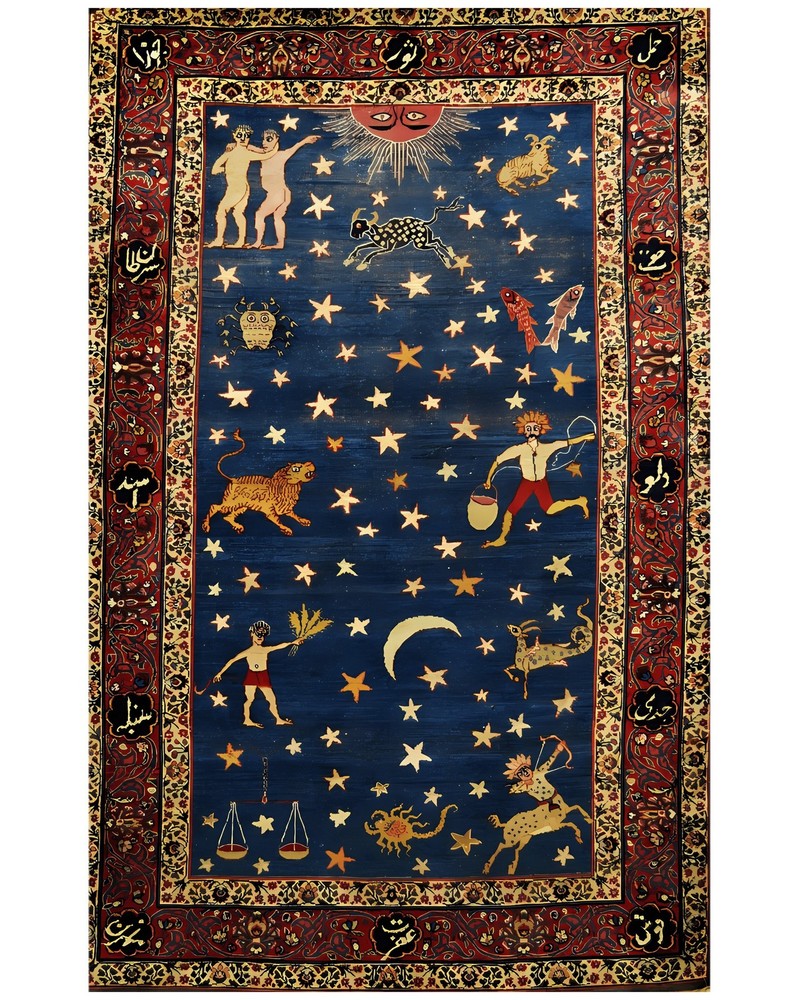 Antique Persian Carpet Zodiac Signs Stars Celestial Blue Sky Wool Rug