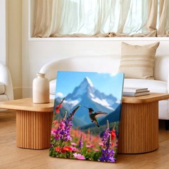 Wall Art Hummingbird in Wildflower Meadow Mountain Landscape Floral Print Decor