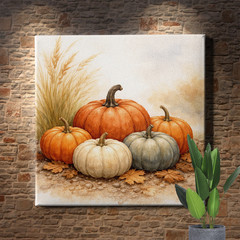 Watercolor Fall Pumpkins Orange White Green Unframed Canvas Art Print