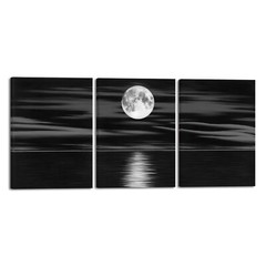 3 Panel Sea White Full Moon in Night Black and White Ocean Beach Canvas Wall Art