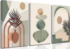 3Pcs Mid-Century Modern Boho Abstract Canvas Wall Art — Neutral Green Bohemian..