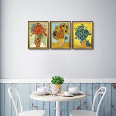 Framed 3 Panel Canvas Art of Van Gogh Red Poppies and Daisies Sunflower Irises