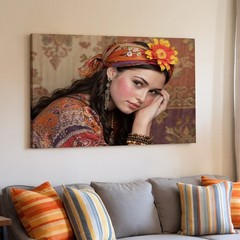 Bohemian Woman Portrait Canvas Wall Art Colorful Headscarf Floral Print Decor
