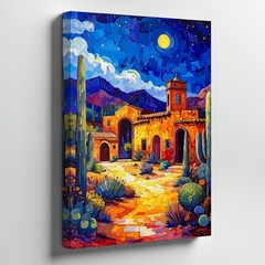 Wall Art Canvas a Colorful Desert Village Scene Painted with Vibrant Hues of