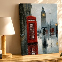 Wall Art London Rainy Street Big Clock Red Telephone Booth Canvas Print Decor