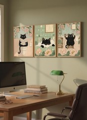 3 Piece Black Cat Bathroom Wall Art Set – Vintage Ukiyo-e Style Prints – Funny C