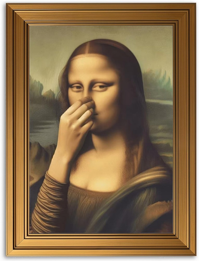 Funny Mona Lisa Canvas Wall Art – Elegant Gold Framed Humor for Any Room 9x11in