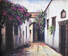 (3) MINIATURE VILLAGE ACRYLIC PRINTS TEXTURED CANVAS GOLD FRAME DECORATIVE ART