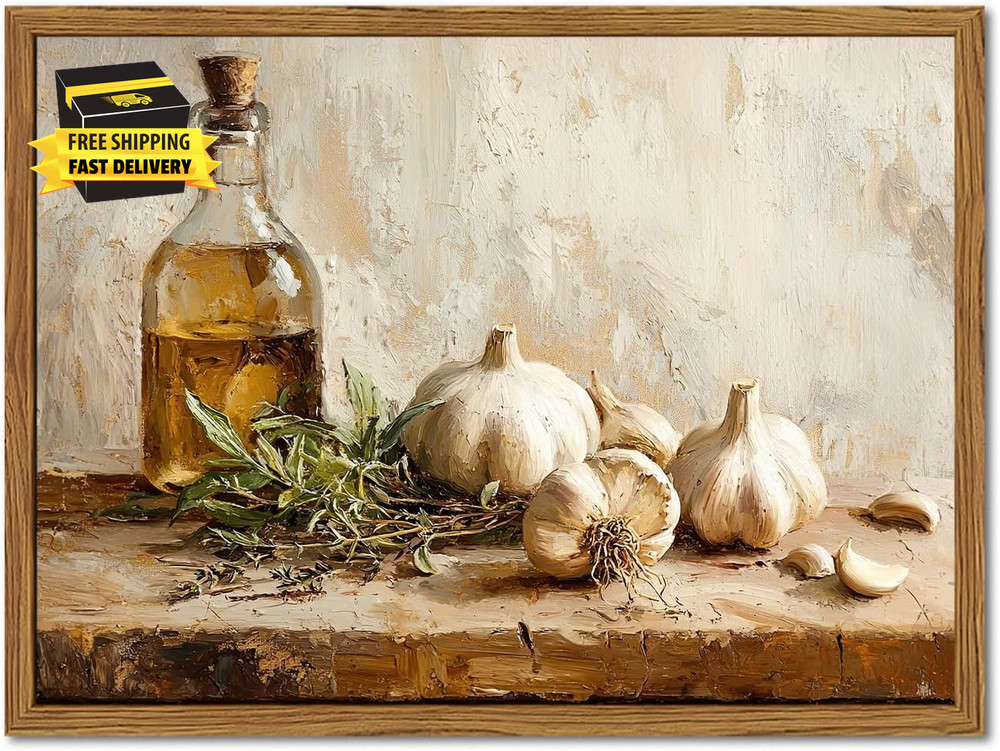 Framed Vintage Kitchen Canvas Wall Art, Rustic Garlic and Herbs Pictures Wall De