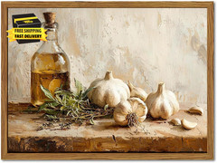Framed Vintage Kitchen Canvas Wall Art, Rustic Garlic and Herbs Pictures Wall De