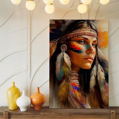Native American Woman With Feather Headdress And Vibrant Face Paint Canvas Art