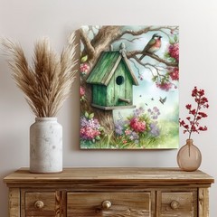 16×20 Green Birdhouse Canvas Print Wall Art