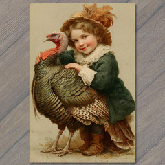 Art Print Child Holding Turkey Whimsical Farm Animal Thanksgiving Humor Card