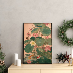 Japanese Lotus Botanical Print, Asian Nature Pink Floral Wall Art