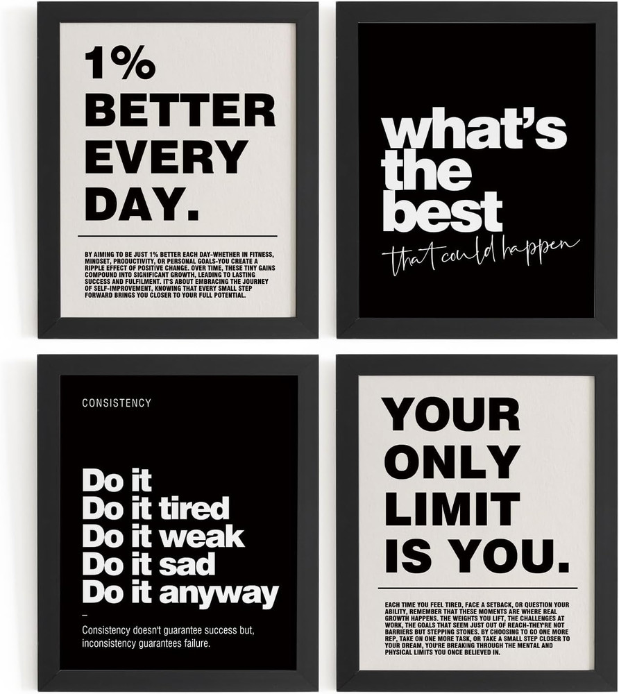 Motivational Inspirational Office Wall Art Decor Prints Set of 4, Black Motivati