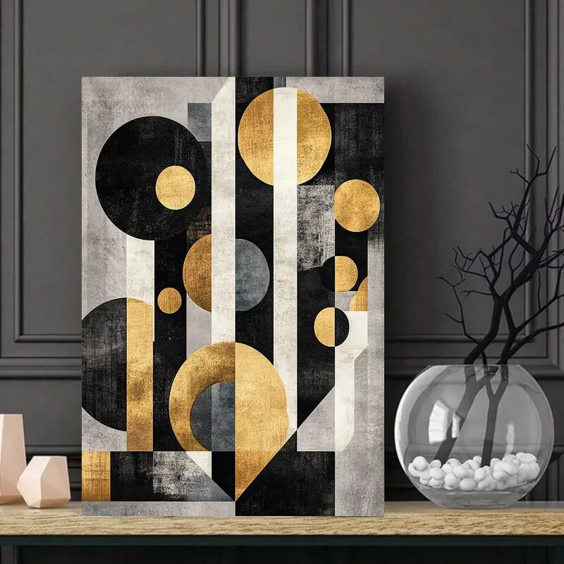 Modern Abstract Geometric Black, White & Golden Gray Metal Print Ready to Hang