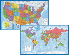 Laminated World Map & US Map Poster Set – 18″ X 29″ – Wall Chart Maps of the Wor