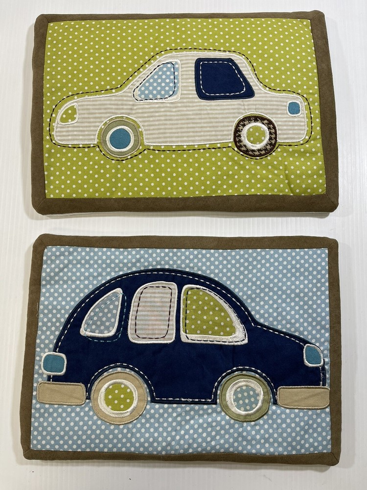 Sumersault Boys 100% Cotton Green Blue Car Room Wall Decor 2Pc Set 10 in X 14 in