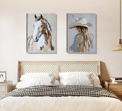 2pcs Framed Western Cowboy Girl Wall Art Oil painting style Cowboy Girl and H…