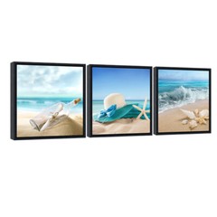 Black Framed 3 Panels Starfish Seashell Bottle Beach Pictures on Canvas Wall Art