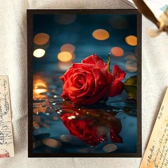 Framed Canvas Red Rose Water Reflection Bokeh Night Light Floral Decor