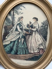 2 vintage Framed Victorian French Fashion Prints La Mode Illustree oval set