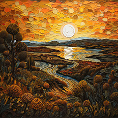 Tuscany sun gilded landscape ocean view#6 – 24in(H)*24in(L) Wall Art Print
