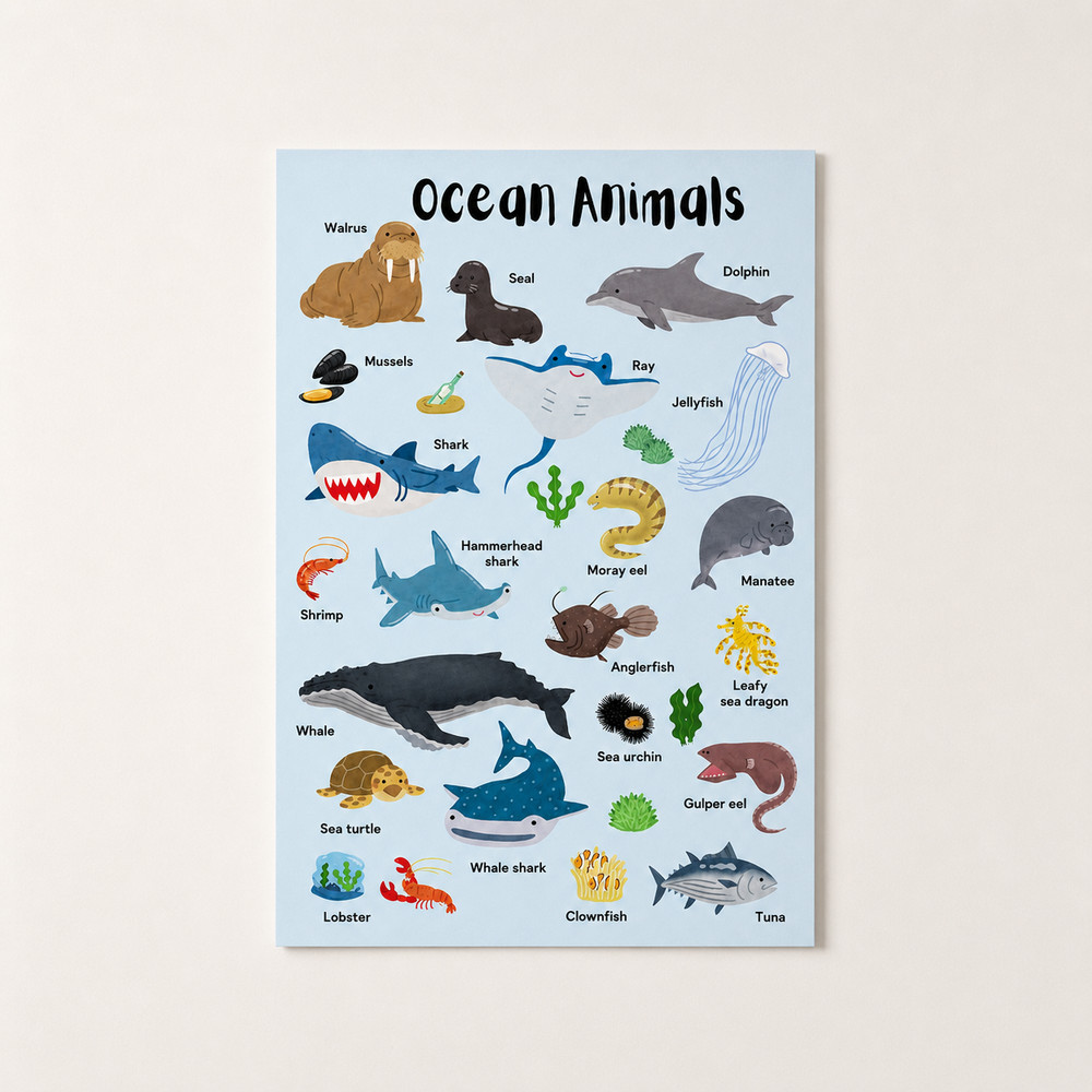 Ocean Animals Kids Learning Chart Poster, Sea Life Wall Decor | Multiple Sizes