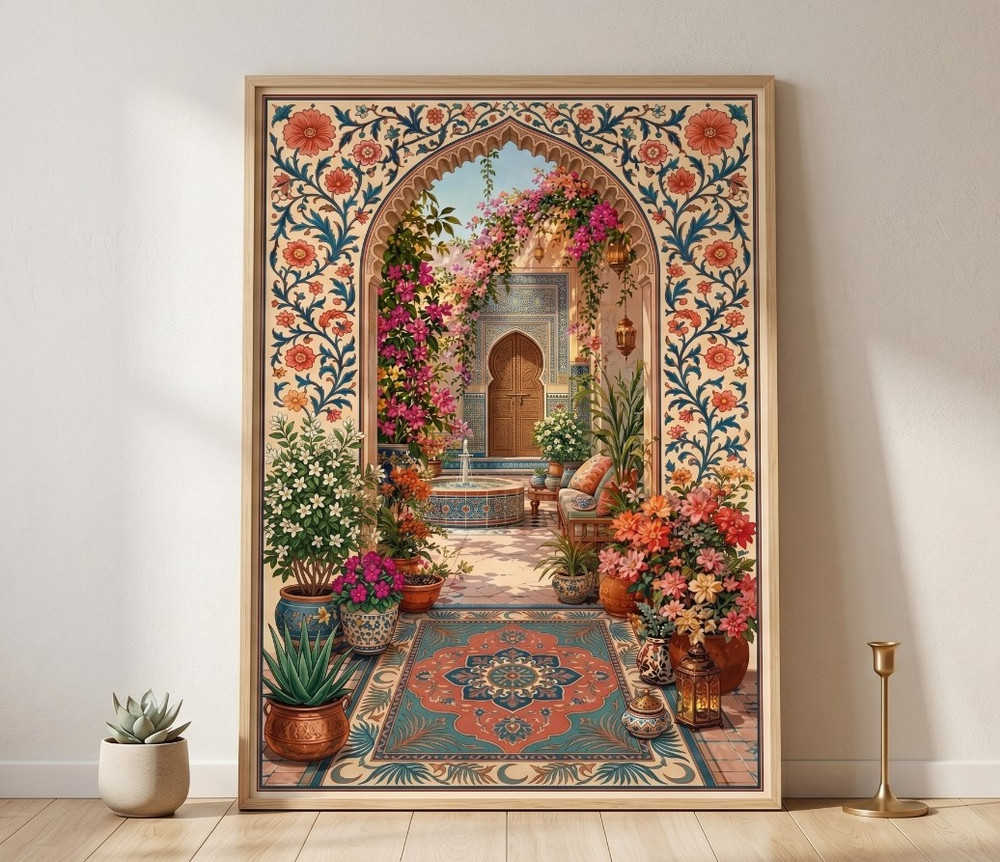Vintage Moroccan Garden Canvas Print Islamic Architecture Poster Boho Wall Art