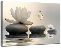 Zen White Lotus Wall Art White Flower Yellow Butterfly on 16″L x 12″W Canvas