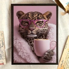 Framed Canvas Fashion Leopard Pink Glasses Fur Coat Coffee Funny Decor