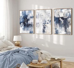 3 Pcs Navy Blue Abstract Canvas Wall Art Modern Minimalist Neutral White Blue…