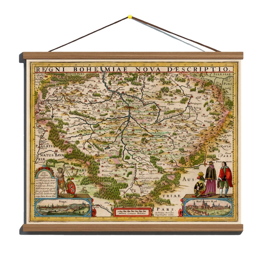 Ancient Old Antique Early 1642 Map Of Bohemia; Canvas, Magnetic Wooden Hanger