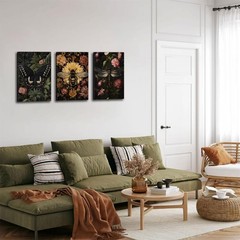 3pcs Framede Gothic Dark Floral Canvas Wall Art Vintage Butterfly Dragonfly B…