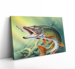 Northern Pike Fishing Painting Print on Framed Canvas Wall Art Fisherman Gift
