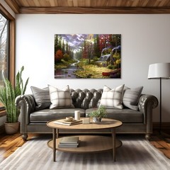 Vintage Rustic Cabin Fly Fishing Autumn Forest Painting Canvas Wall Art Print