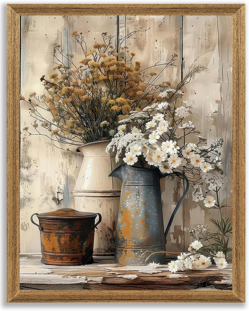 Framed Vintage Farmhouse Canvas Art with Floral Design for Rustic Decor
