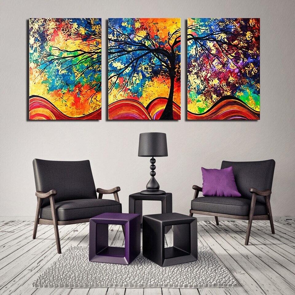 Abstract Colorful Tree 3 Pieces Canvas Print Wall Art Poster Home Decoration