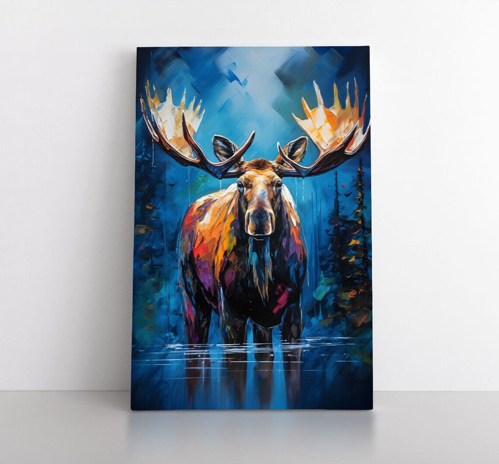 Colorful Moose Oil Painting Print Canvas Wall Art Wildlife Animals Lodge Decor