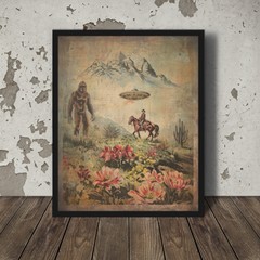 Retro SASQUATCH UFO COWBOY Wall Art, Western Alien Bigfoot Cactus Flower Poster